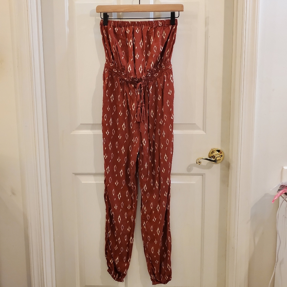 UO strapless jumpsuit w/ cinched waist/tie detail